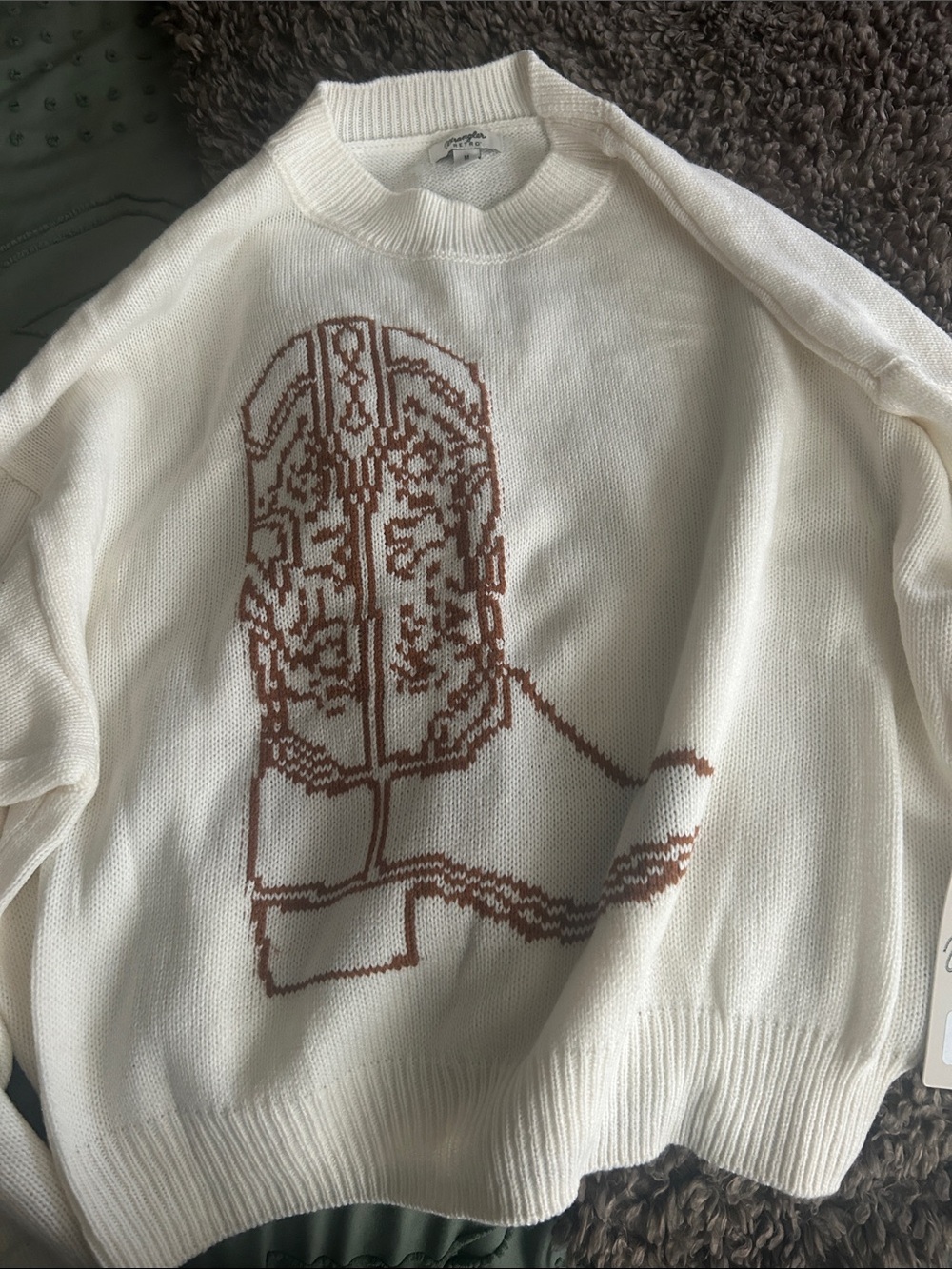 Wrangler Women's Cream Sweater with Tan Boot Intarsia